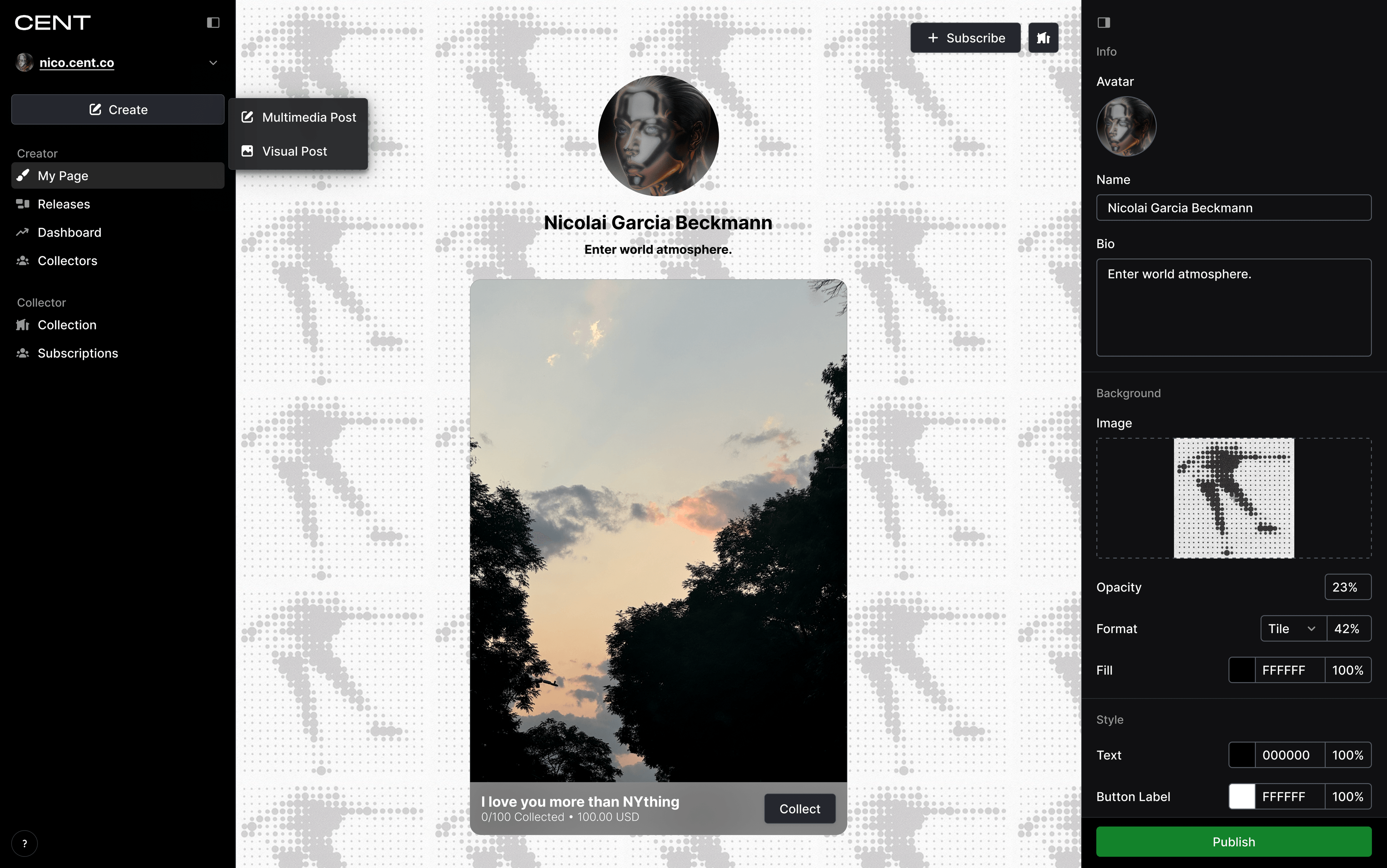 CENT platform profile page for Nicolai Garcia Beckmann showing navigation sidebar, profile links to "NGB Studio," "Design Portfolio," and "end-i.ng," social media icons, and profile customization options with a dotted background pattern featuring a stylized figure.