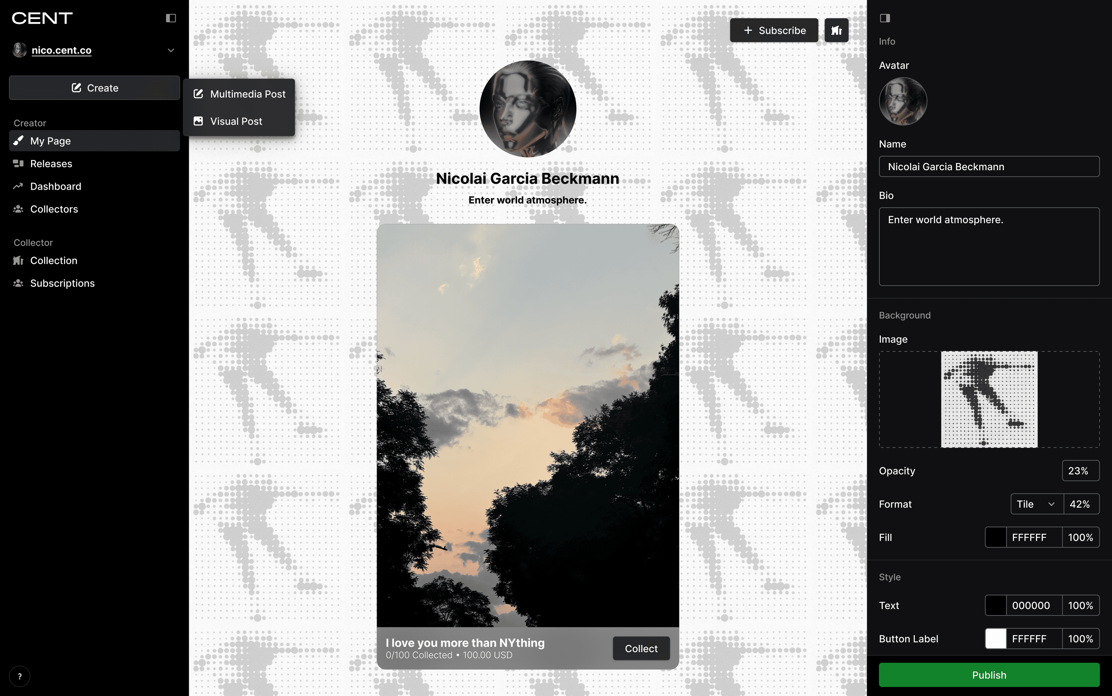CENT platform profile page for Nicolai Garcia Beckmann showing navigation sidebar, profile links to "NGB Studio," "Design Portfolio," and "end-i.ng," social media icons, and profile customization options with a dotted background pattern featuring a stylized figure.