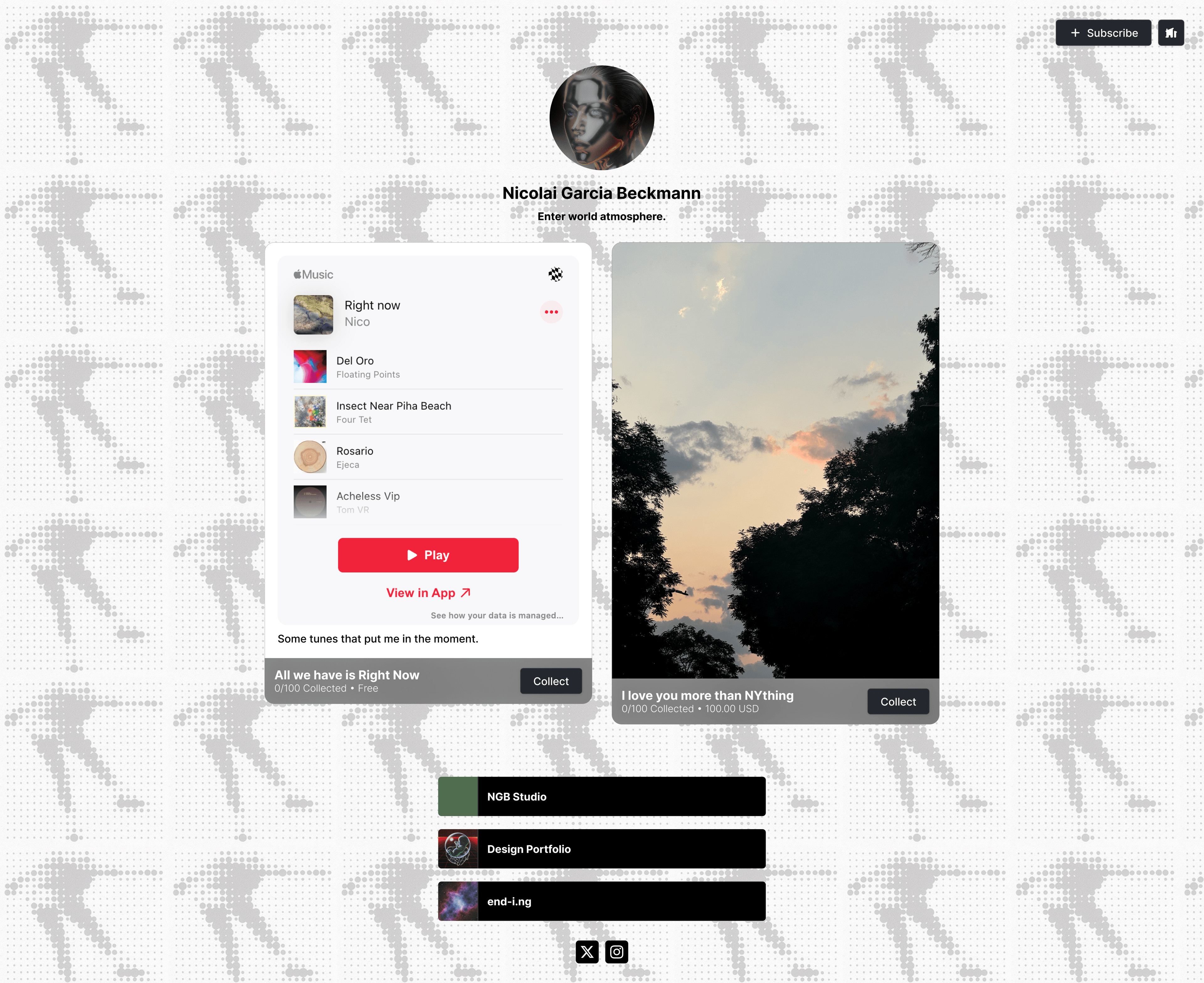 A CENT creator profile page for Nicolai Garcia Beckmann. The interface shows a profile editor with a dotted pattern background featuring a repeating abstracted human figure. The profile has a circular avatar, bio text "Enter world atmosphere," and three navigation links: "NGB Studio," "Design Portfolio," and "end-i.ng". Social media icons for X (Twitter) and Instagram are displayed. The right sidebar contains editing controls for the profile including name, bio, background image, opacity, format, fill color, text color, and button label settings. A green "Publish" button appears at the bottom of the sidebar.