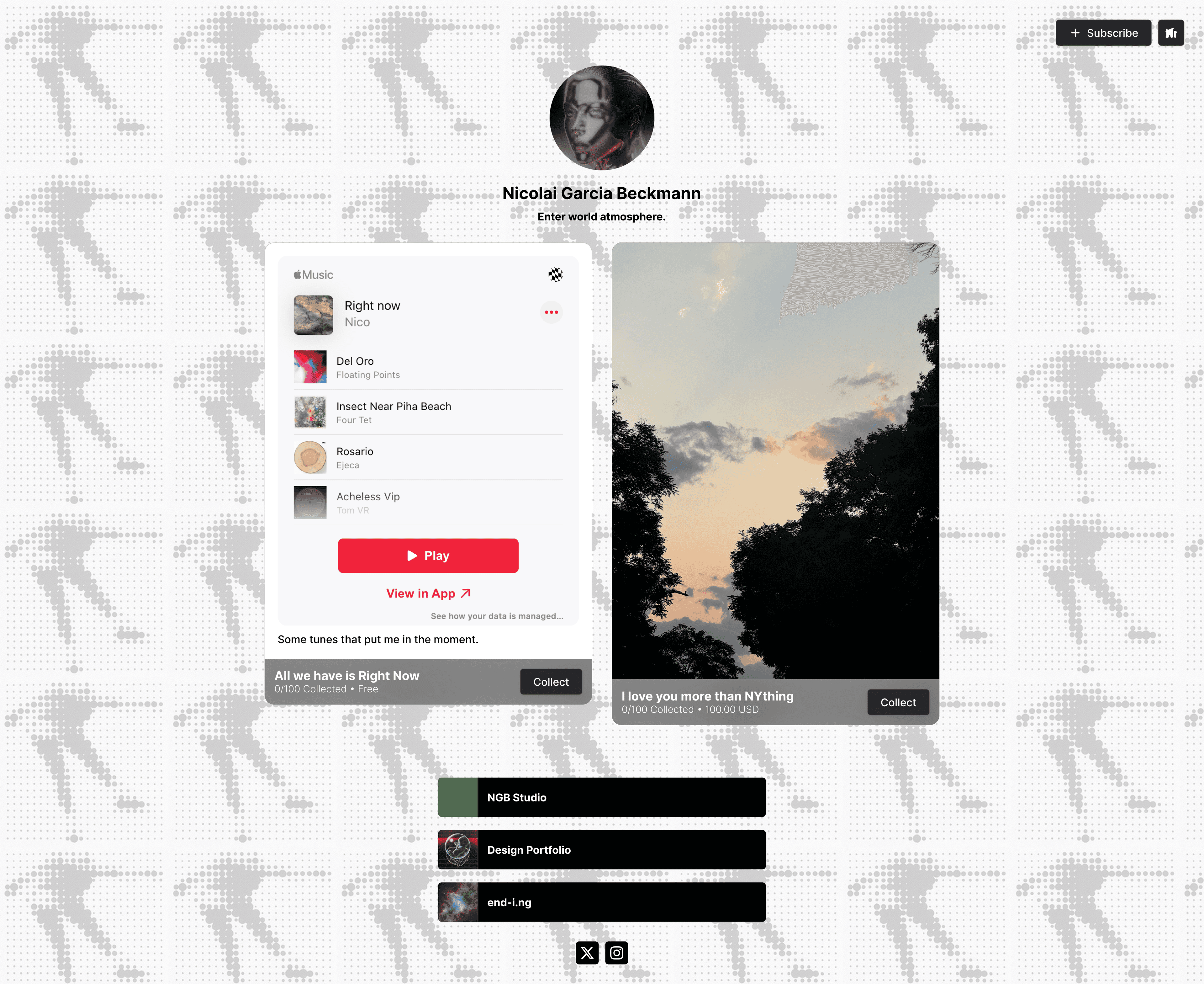 A CENT creator profile page for Nicolai Garcia Beckmann. The interface shows a profile editor with a dotted pattern background featuring a repeating abstracted human figure. The profile has a circular avatar, bio text "Enter world atmosphere," and three navigation links: "NGB Studio," "Design Portfolio," and "end-i.ng". Social media icons for X (Twitter) and Instagram are displayed. The right sidebar contains editing controls for the profile including name, bio, background image, opacity, format, fill color, text color, and button label settings. A green "Publish" button appears at the bottom of the sidebar.