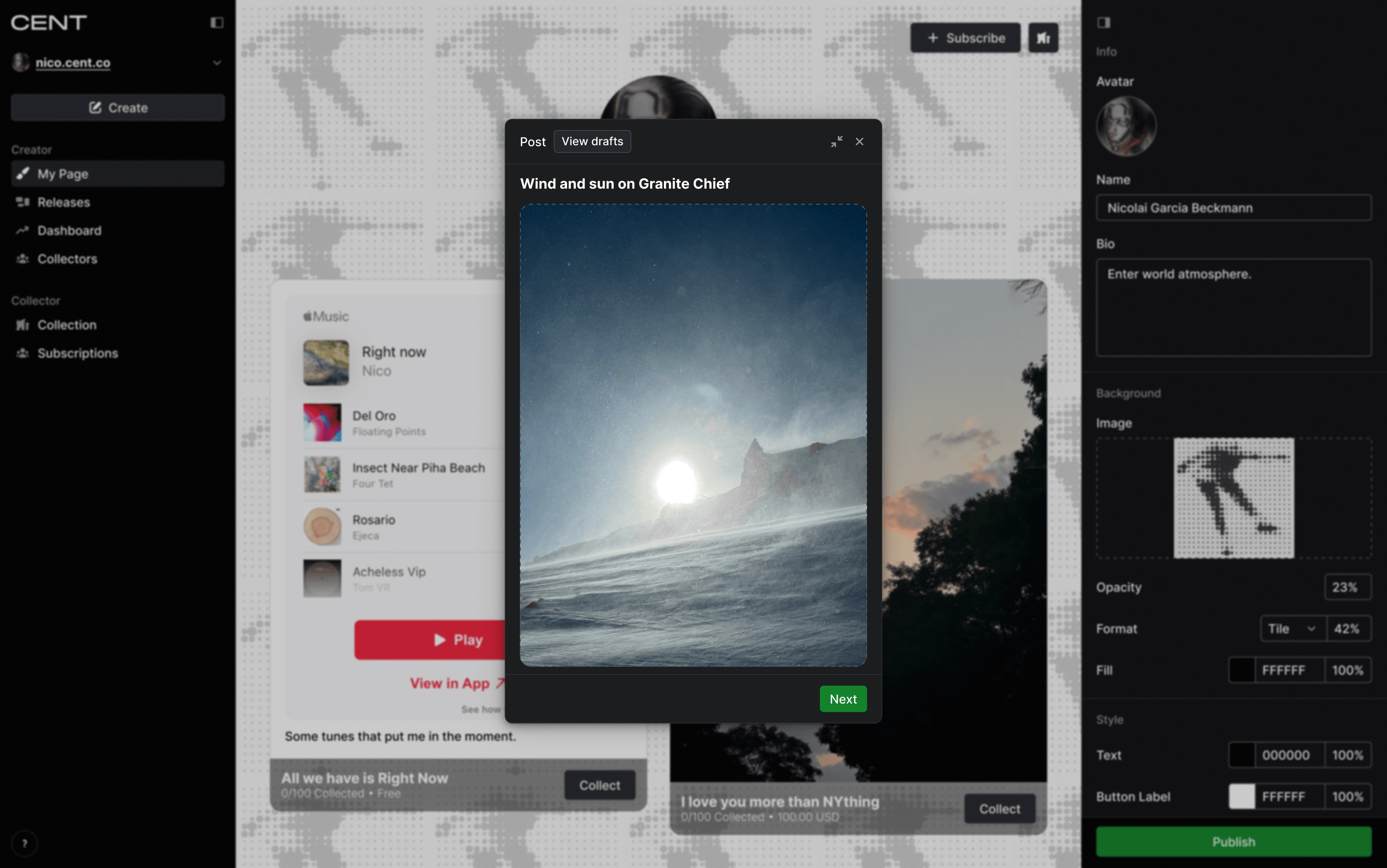 CENT platform post creation interface showing Nicolai Garcia Beckmann's profile with an image upload modal titled "Wind and sun on Granite Chief." The uploaded photo shows a mountain landscape with bright sun breaking through clouds above a snowy or misty foreground. Interface elements include navigation options, profile customization settings on the right side, and a green "Next" button to continue the post creation process.