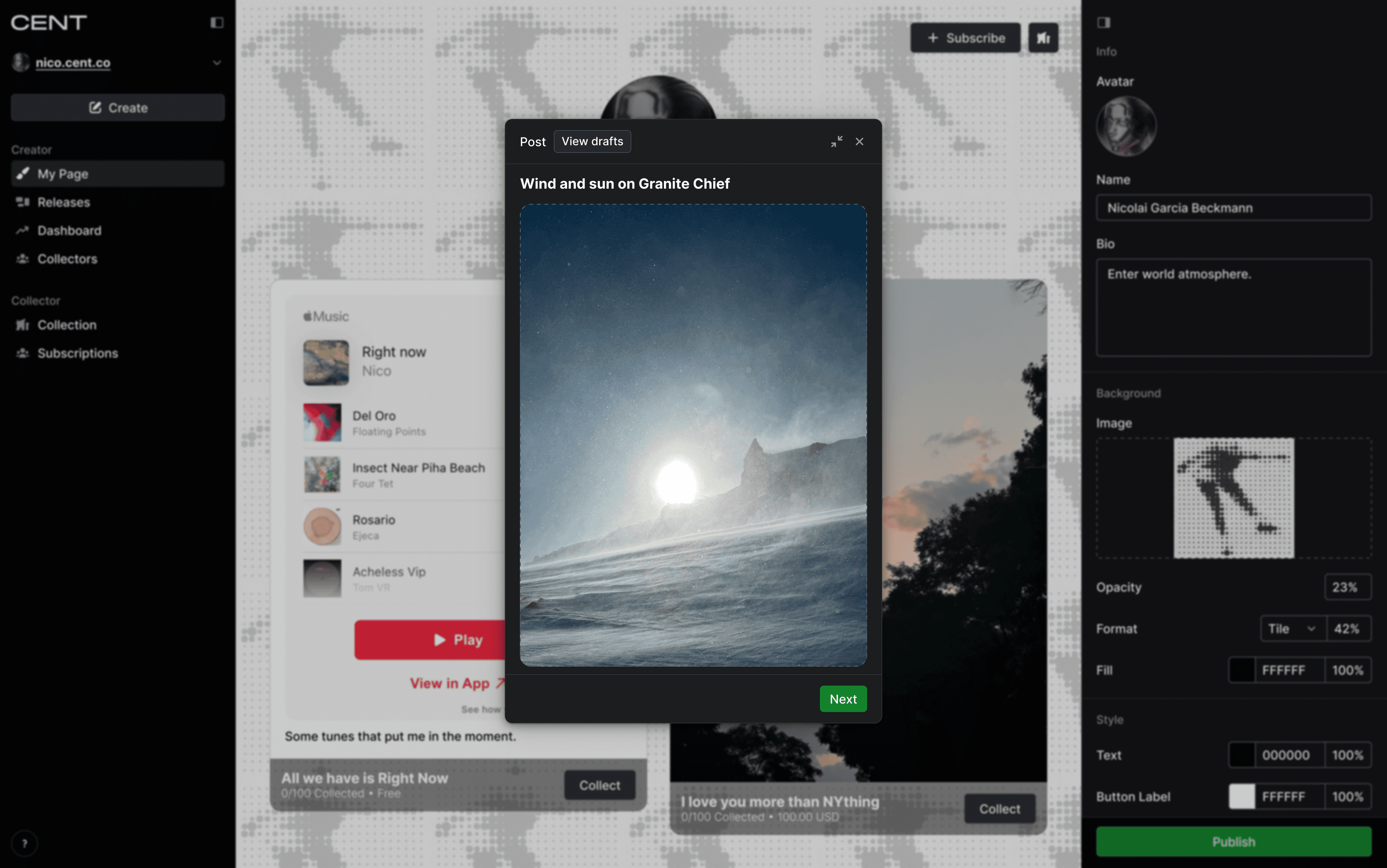 CENT platform post creation interface showing Nicolai Garcia Beckmann's profile with an image upload modal titled "Wind and sun on Granite Chief." The uploaded photo shows a mountain landscape with bright sun breaking through clouds above a snowy or misty foreground. Interface elements include navigation options, profile customization settings on the right side, and a green "Next" button to continue the post creation process.