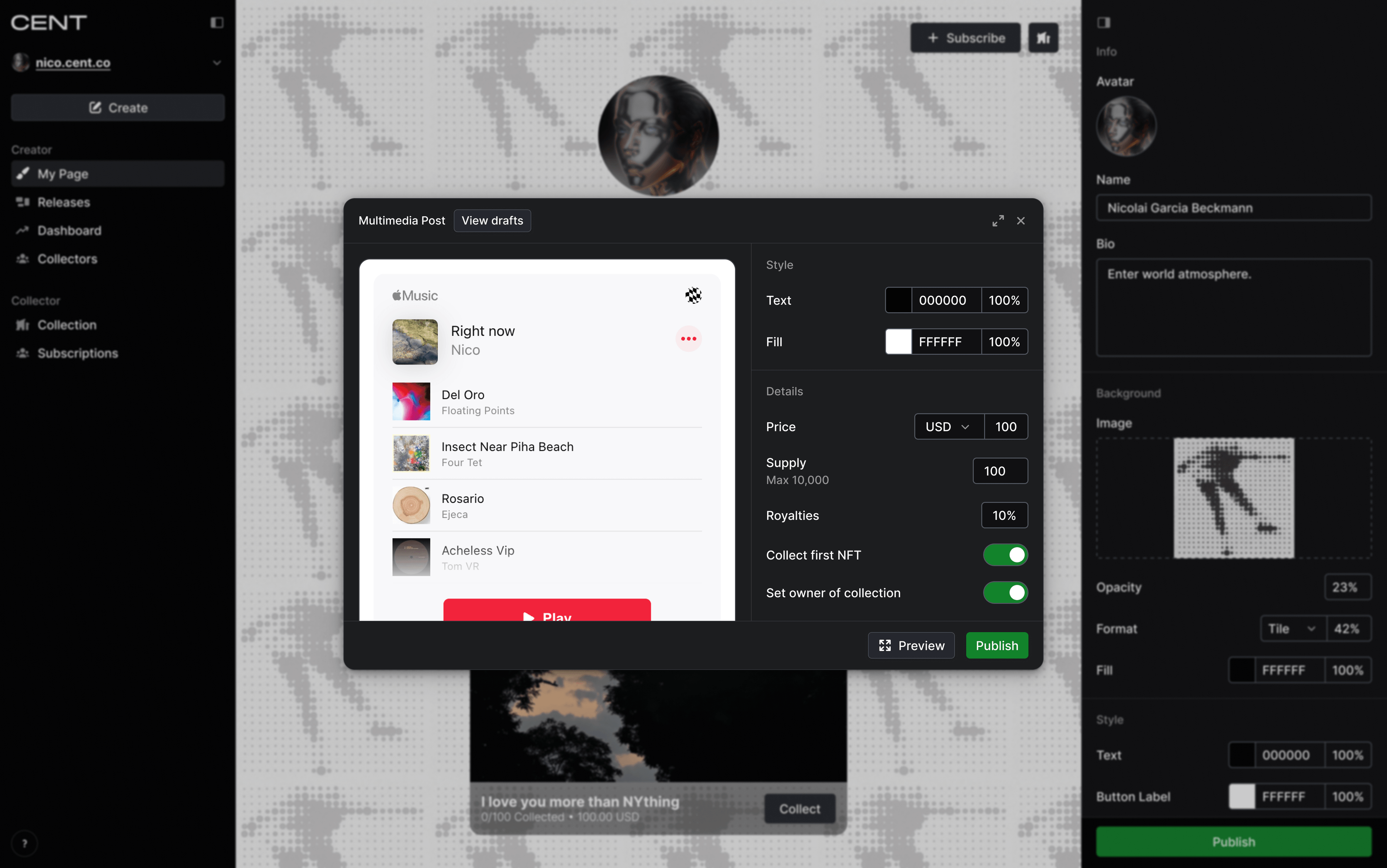 CENT platform multimedia post creation interface showing Nicolai Garcia Beckmann's profile with an Apple Music playlist featuring tracks from Nico, Floating Points, Four Tet, Ejeca, and Tom VR. The modal displays NFT configuration settings including price (100 USD), supply limit (100/10,000), royalties (10%), and toggle options for collecting first NFT and setting collection ownership. Style settings show black text (000000) and white fill (FFFFFF) with Preview and Publish buttons at the bottom.