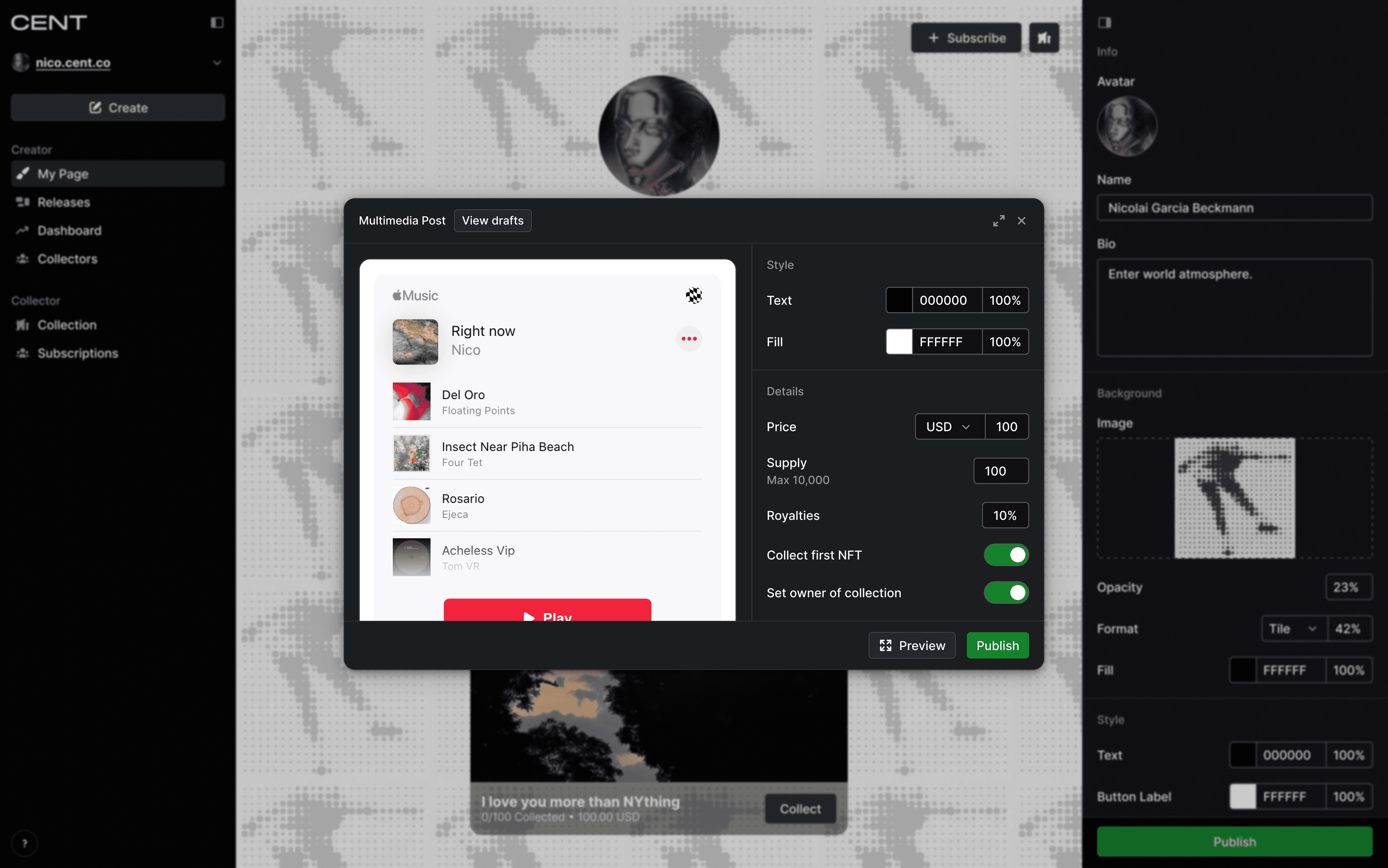 CENT platform multimedia post creation interface showing Nicolai Garcia Beckmann's profile with an Apple Music playlist featuring tracks from Nico, Floating Points, Four Tet, Ejeca, and Tom VR. The modal displays NFT configuration settings including price (100 USD), supply limit (100/10,000), royalties (10%), and toggle options for collecting first NFT and setting collection ownership. Style settings show black text (000000) and white fill (FFFFFF) with Preview and Publish buttons at the bottom.