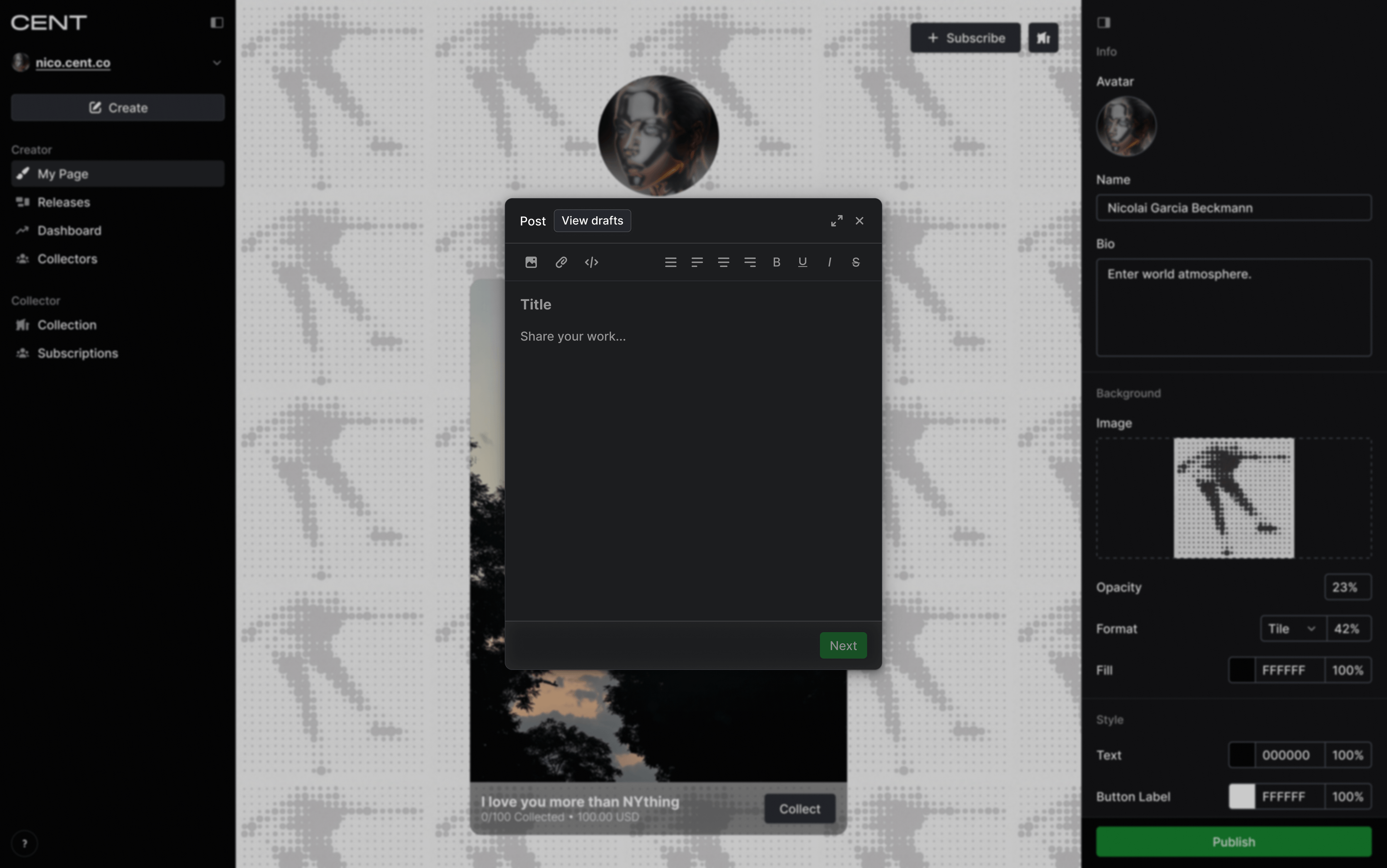 CENT platform post creation interface showing Nicolai Garcia Beckmann's profile with a post editor modal displaying "Share your work..." as the placeholder. Background features a dotted pattern with a sunset image and text "I love you more than NYthing" (100.00 USD). The right panel shows profile customization options, and navigation appears on the left.