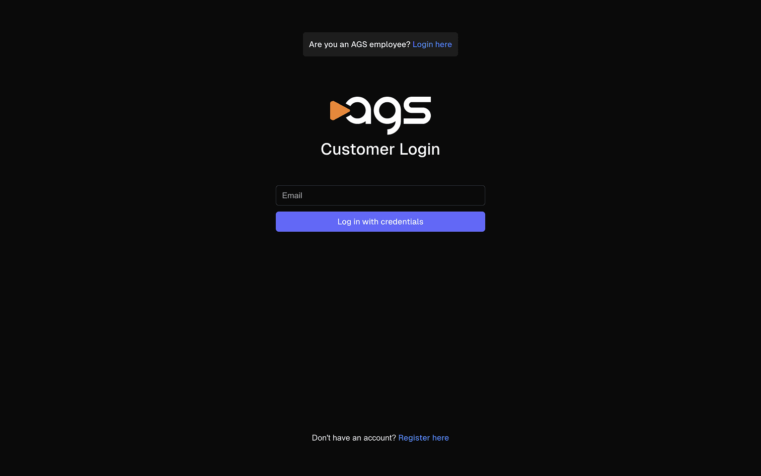 AGS Customer Login page with email input field, purple 'Log in with credentials' button, and options for AGS employee login and new user registration.