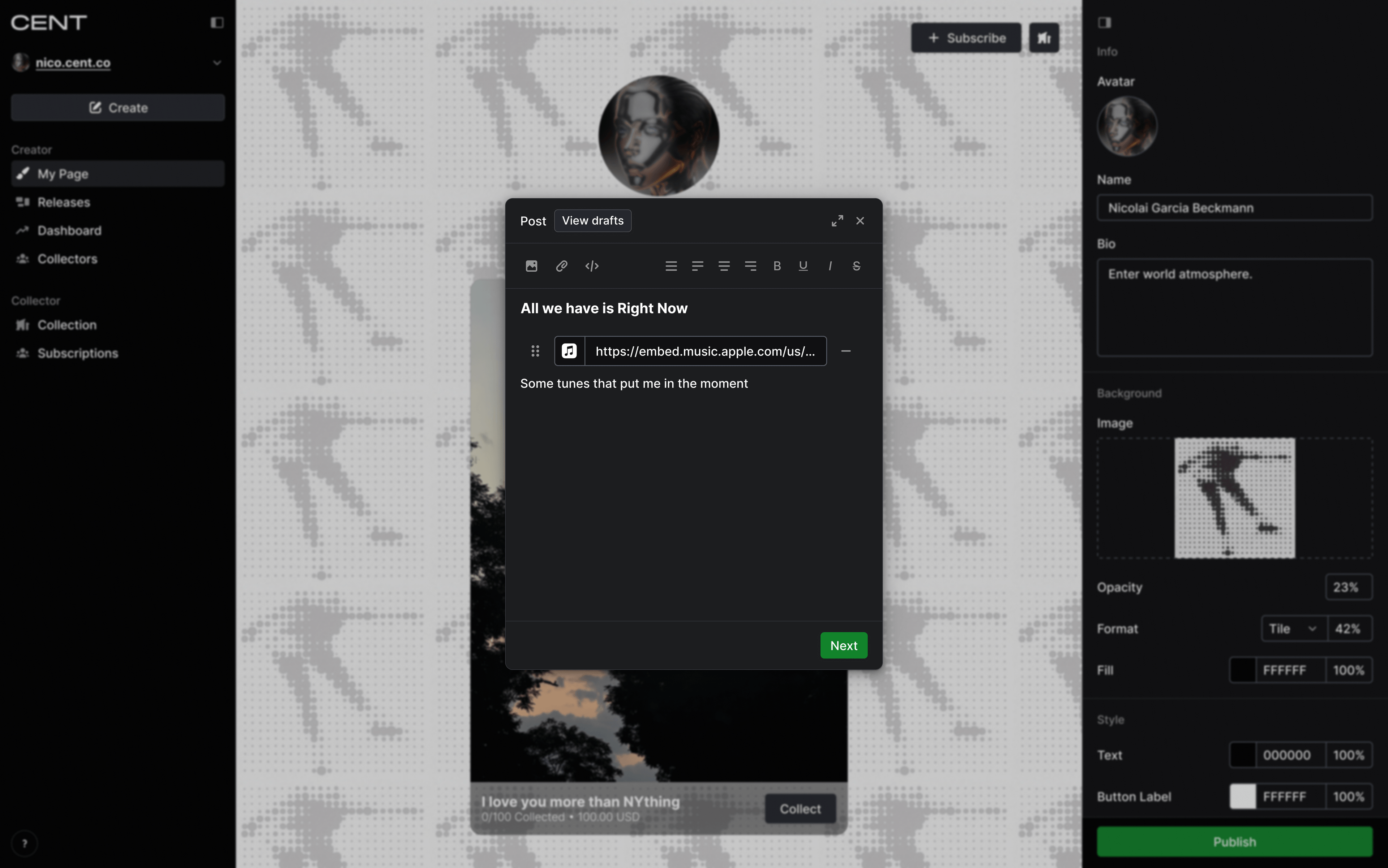 CENT platform interface showing Nicolai Garcia Beckmann's profile with an open post creation modal titled "All we have is Right Now" featuring an Apple Music playlist with tracks from Nico, Floating Points, Four Tet, Ejeca, and others. The background shows a sunset image with "I love you more than NYthing" text and customization options on the right side.