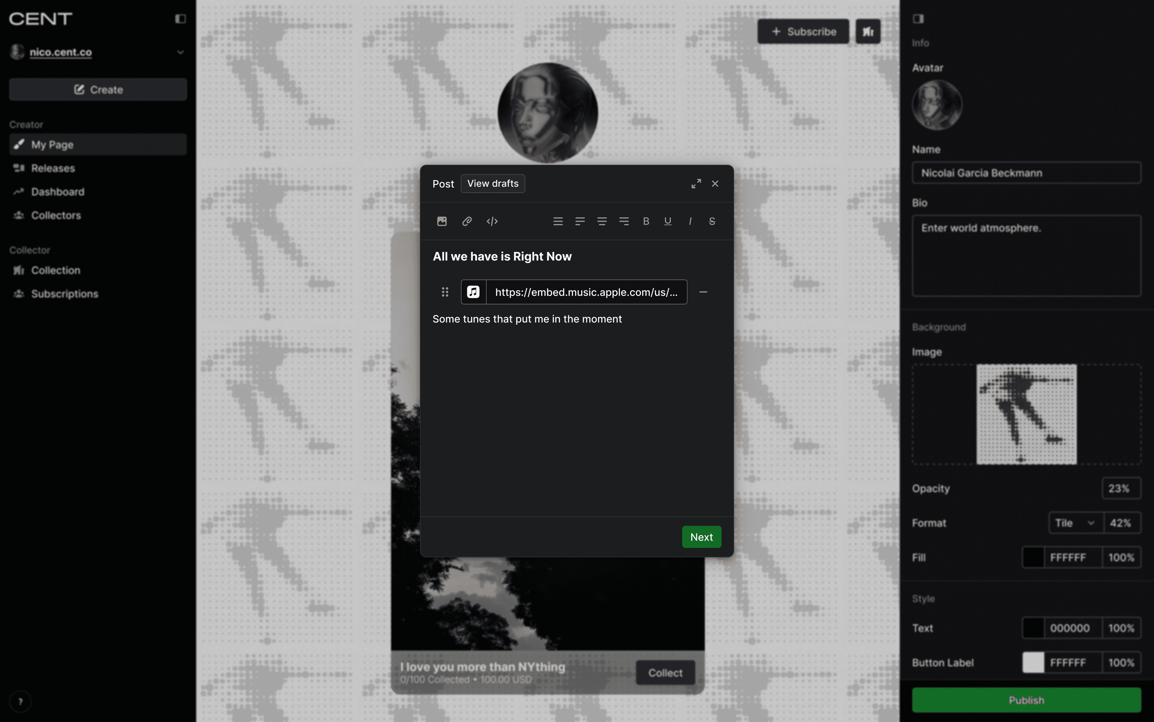 CENT platform interface showing Nicolai Garcia Beckmann's profile with an open post creation modal titled "All we have is Right Now" featuring an Apple Music playlist with tracks from Nico, Floating Points, Four Tet, Ejeca, and others. The background shows a sunset image with "I love you more than NYthing" text and customization options on the right side.