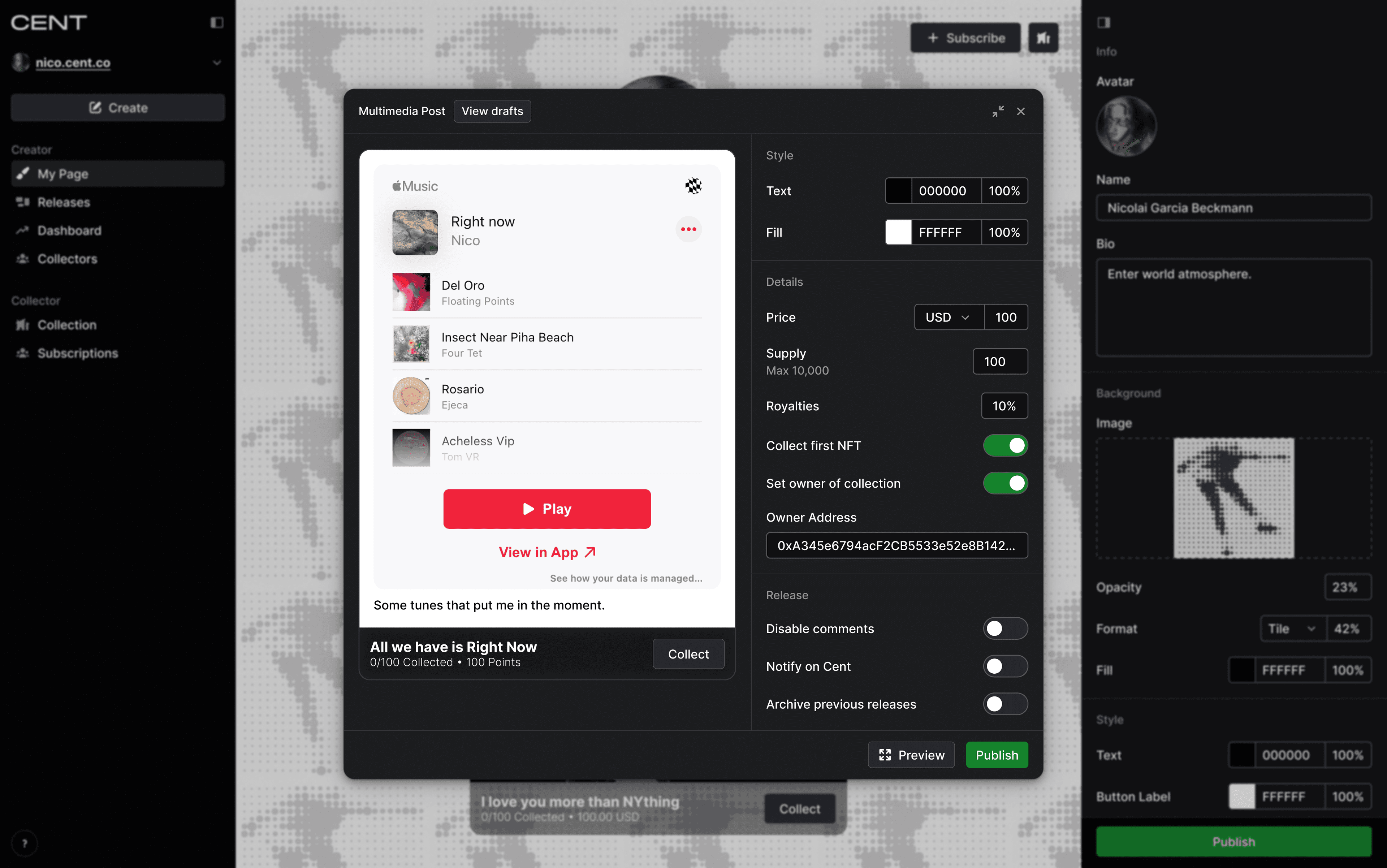 CENT platform multimedia post creation interface showing Nicolai Garcia Beckmann's profile with Apple Music playlist (tracks by Nico, Floating Points, Four Tet, Ejeca, Tom VR) and NFT configuration settings. The modal displays pricing options (100 USD), supply limit (100/10,000), royalties (10%), blockchain settings, and publishing controls. Background shows a dotted pattern with "I love you more than NYthing" text and customization panel on the right.