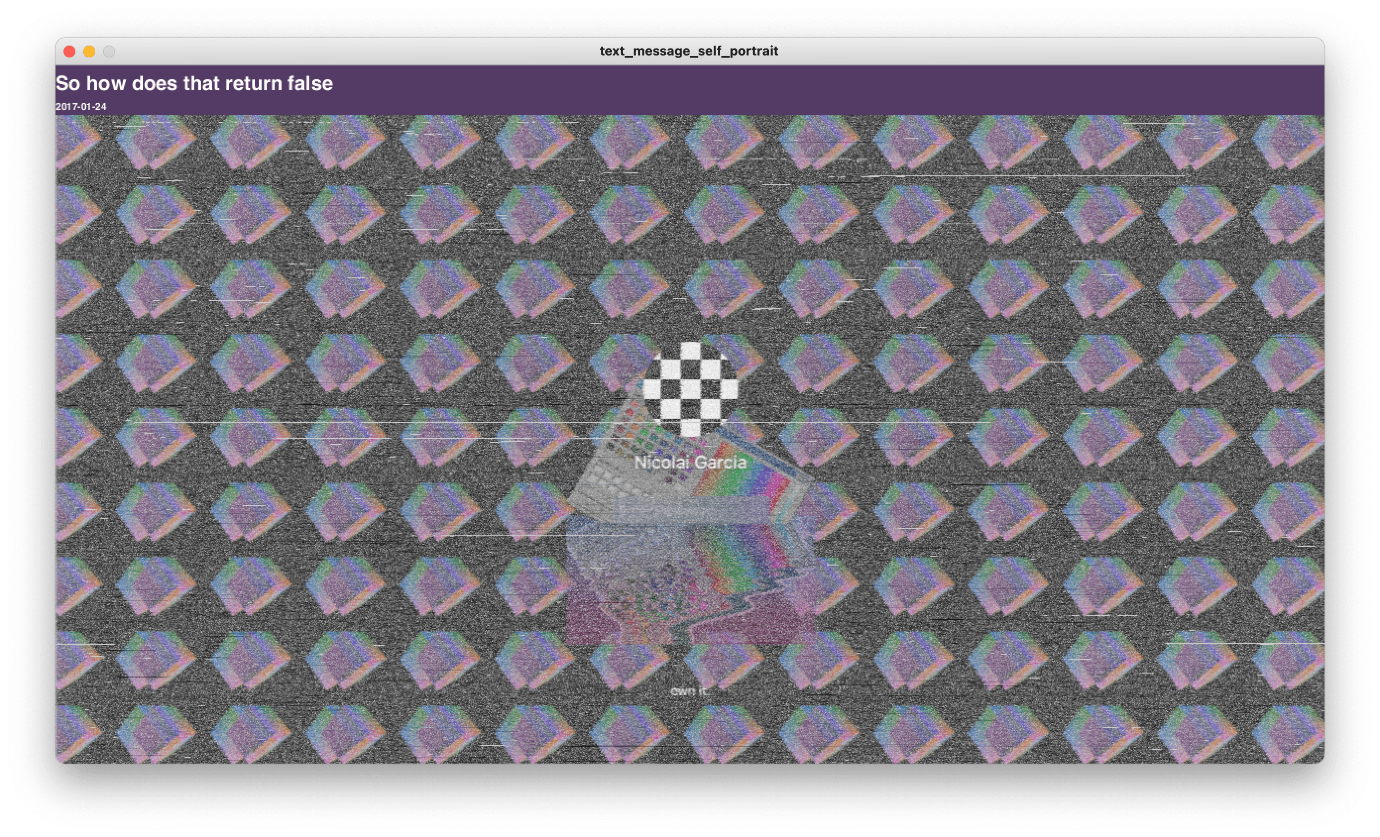 A screenshot of a computer window titled "text_message_self_portrait" with a purple header displaying "So how does that return false" and the date "2017-01-24". The main content shows a repeating pattern of iridescent diamond shapes on a gray textured background. In the center is a black and white checkerboard heart icon with "Nicolai Garcia" displayed underneath. The design has a vaporwave aesthetic with holographic elements. The top of the window shows the standard red, yellow, and green macOS window control buttons.