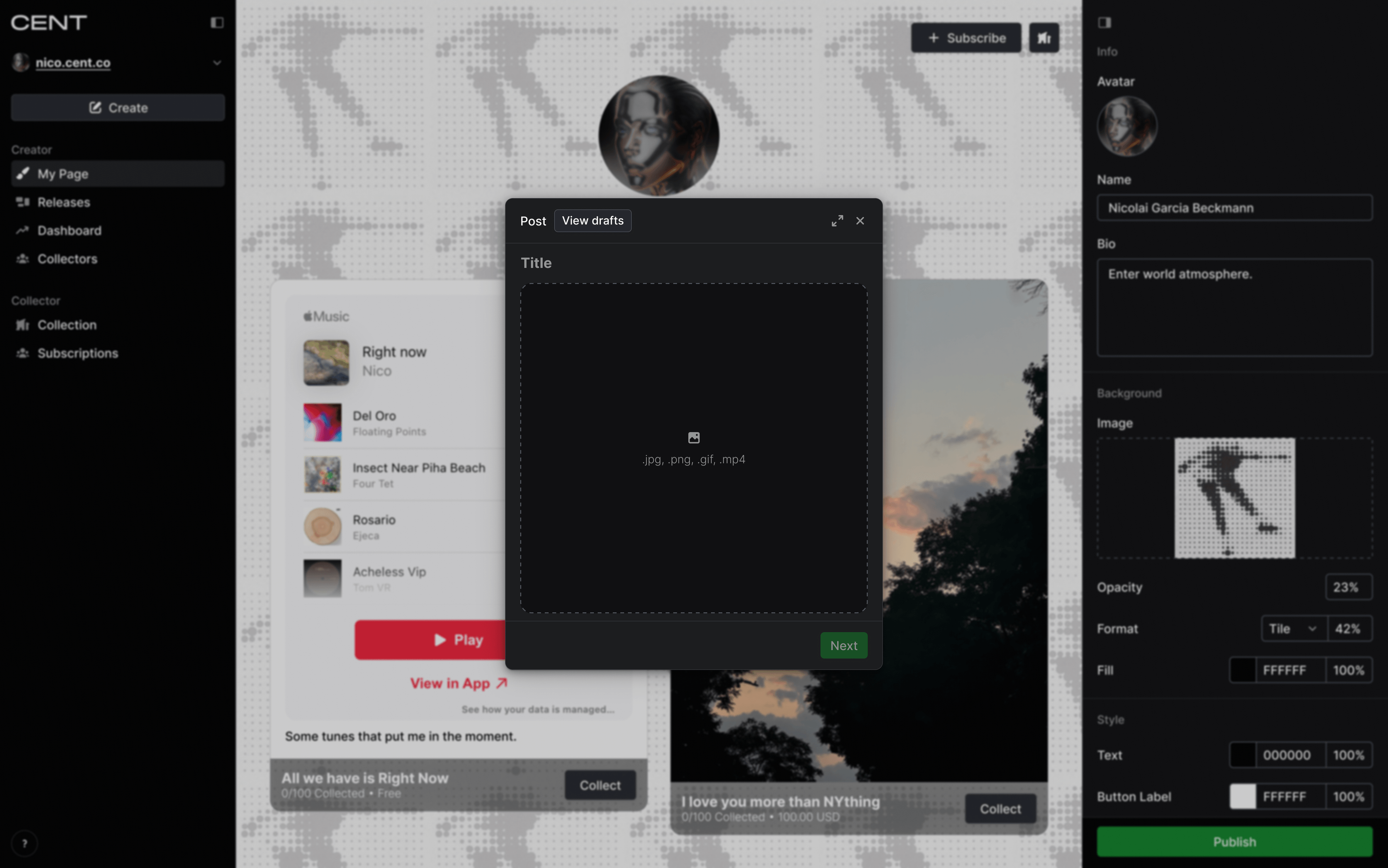 CENT platform post creation interface for Nicolai Garcia Beckmann showing a visual post upload modal with empty image upload area that accepts .jpg, .png, .gif, or .mp4 files. The background shows a dotted pattern with profile customization options visible on the right side. Navigation options appear on the left sidebar, and a "Next" button is available to proceed with the post creation.