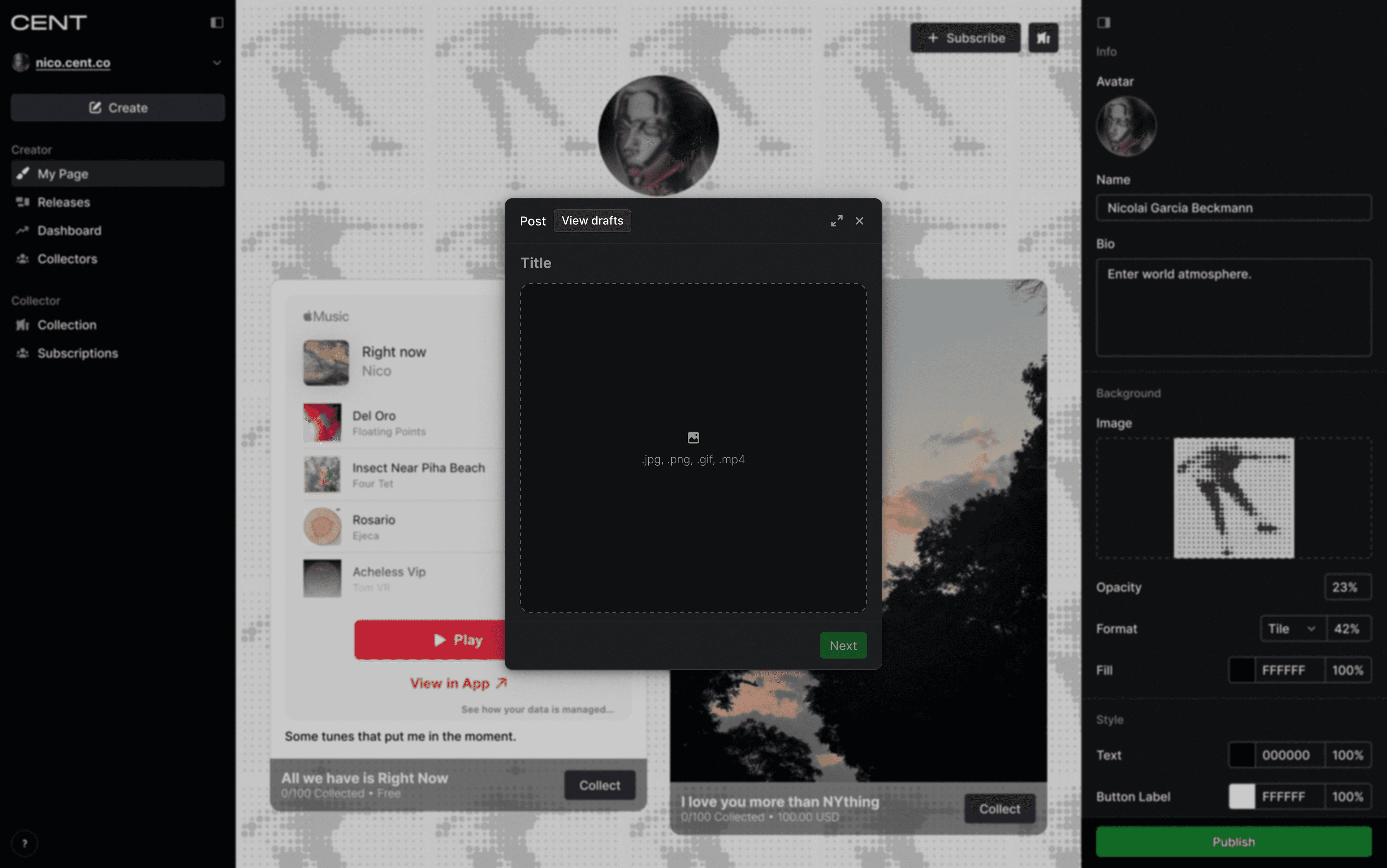 CENT platform post creation interface for Nicolai Garcia Beckmann showing a visual post upload modal with empty image upload area that accepts .jpg, .png, .gif, or .mp4 files. The background shows a dotted pattern with profile customization options visible on the right side. Navigation options appear on the left sidebar, and a "Next" button is available to proceed with the post creation.
