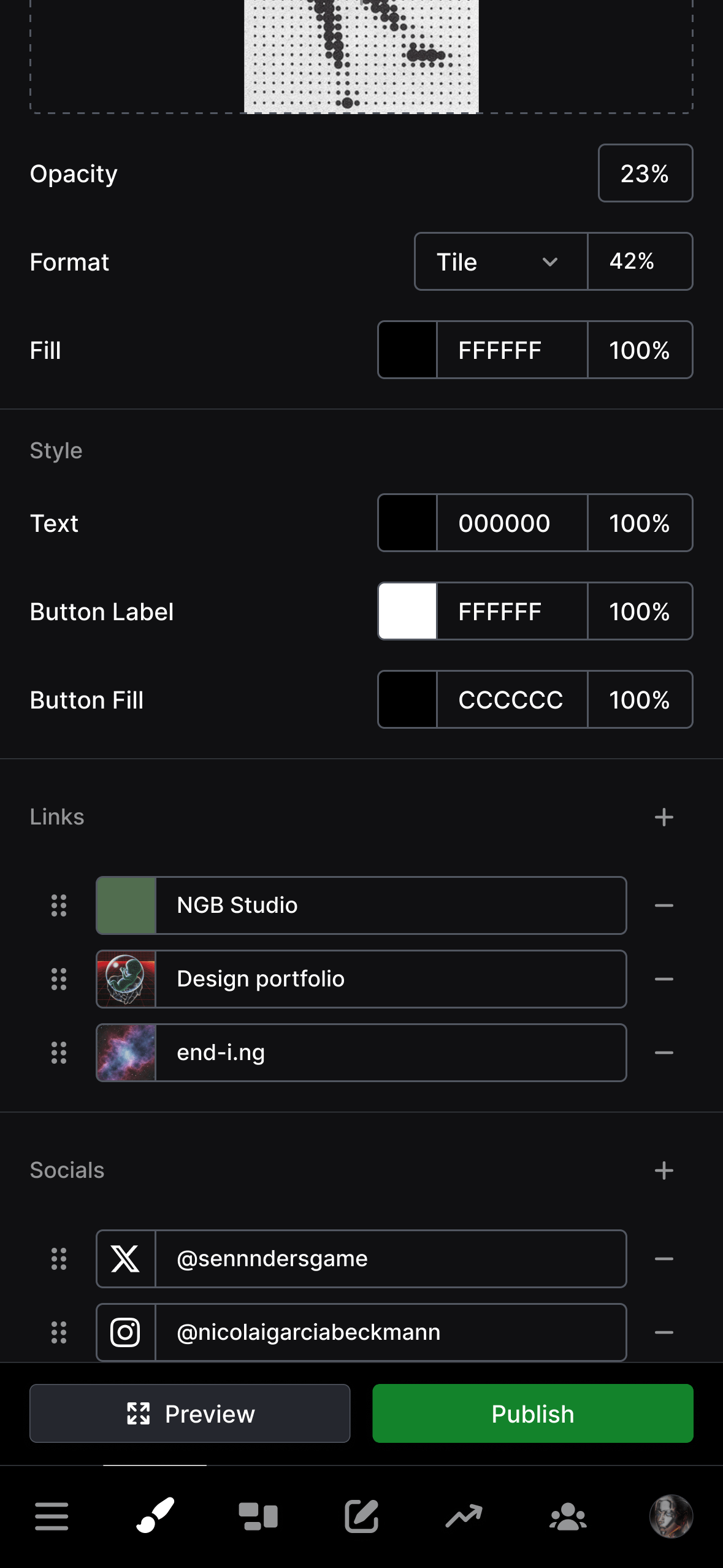 Profile customization interface showing style settings with color options (FFFFFF, 000000, CCCCCC), links section with NGB Studio, Design Portfolio, and end-i.ng entries, social media connections (@senndersgame on X, @nicolaigarciabeckmann on Instagram), and Preview/Publish buttons at the bottom.