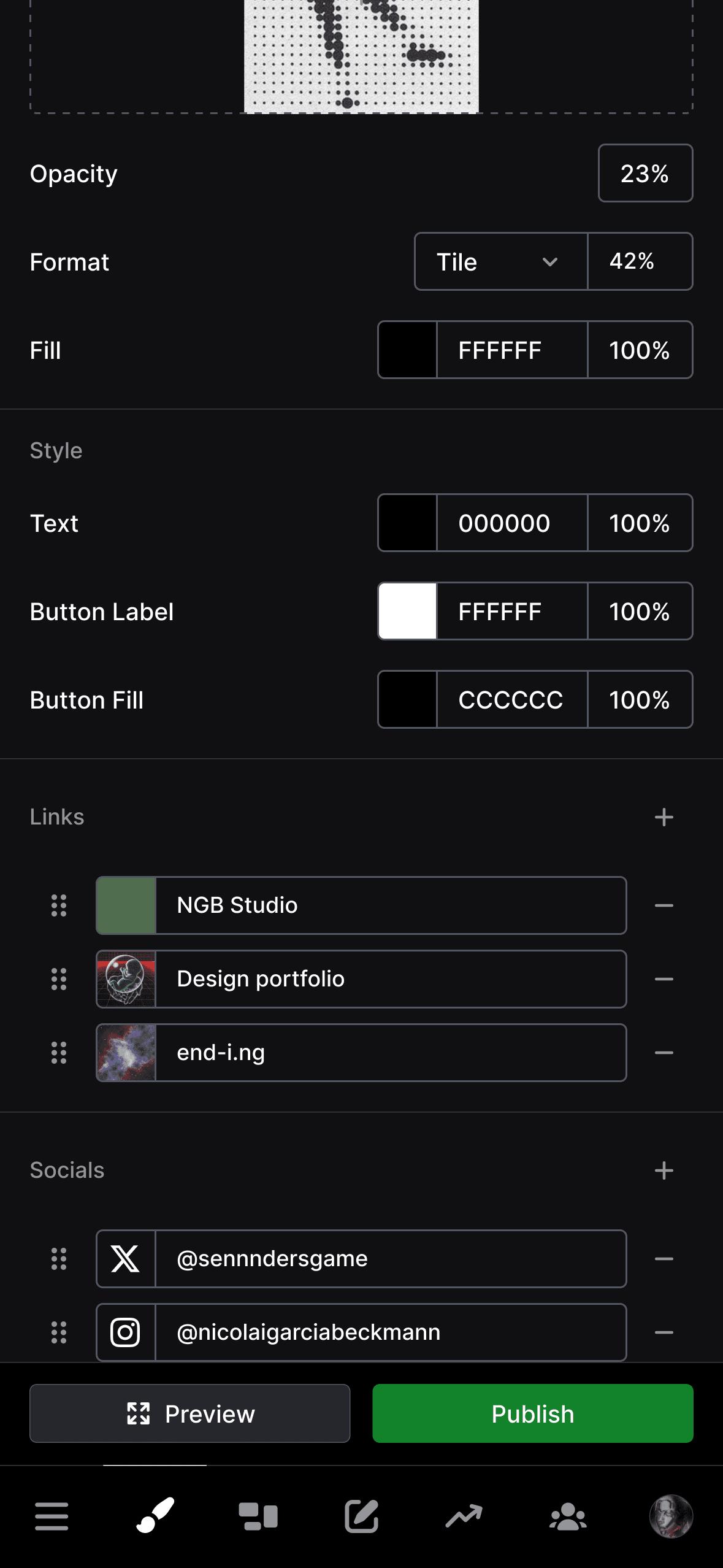 Profile customization interface showing style settings with color options (FFFFFF, 000000, CCCCCC), links section with NGB Studio, Design Portfolio, and end-i.ng entries, social media connections (@senndersgame on X, @nicolaigarciabeckmann on Instagram), and Preview/Publish buttons at the bottom.