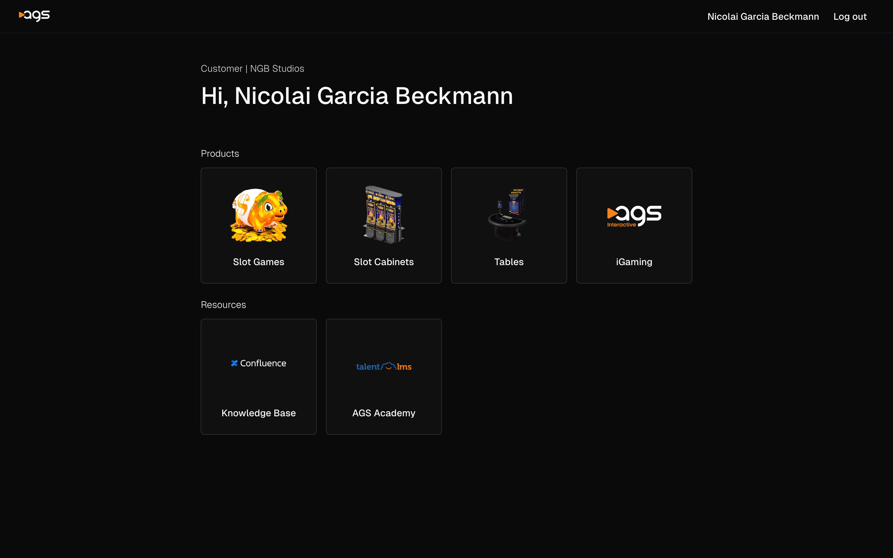 AGS customer dashboard showing product categories like Slot Games, Slot Cabinets, Tables, and iGaming, with resources including Knowledge Base and AGS Academy, displayed in a dark-themed interface.