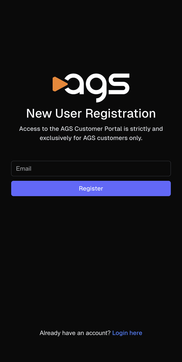 A registration screen with the ags logo (featuring an orange play button triangle next to white letters) on a black background. The page displays "Complete Registration" as a heading, with an email address "nicolai+000@ngb.studio" shown below it. There is an empty text field labeled "Name" and a purple button labeled "Next" at the bottom of the screen.