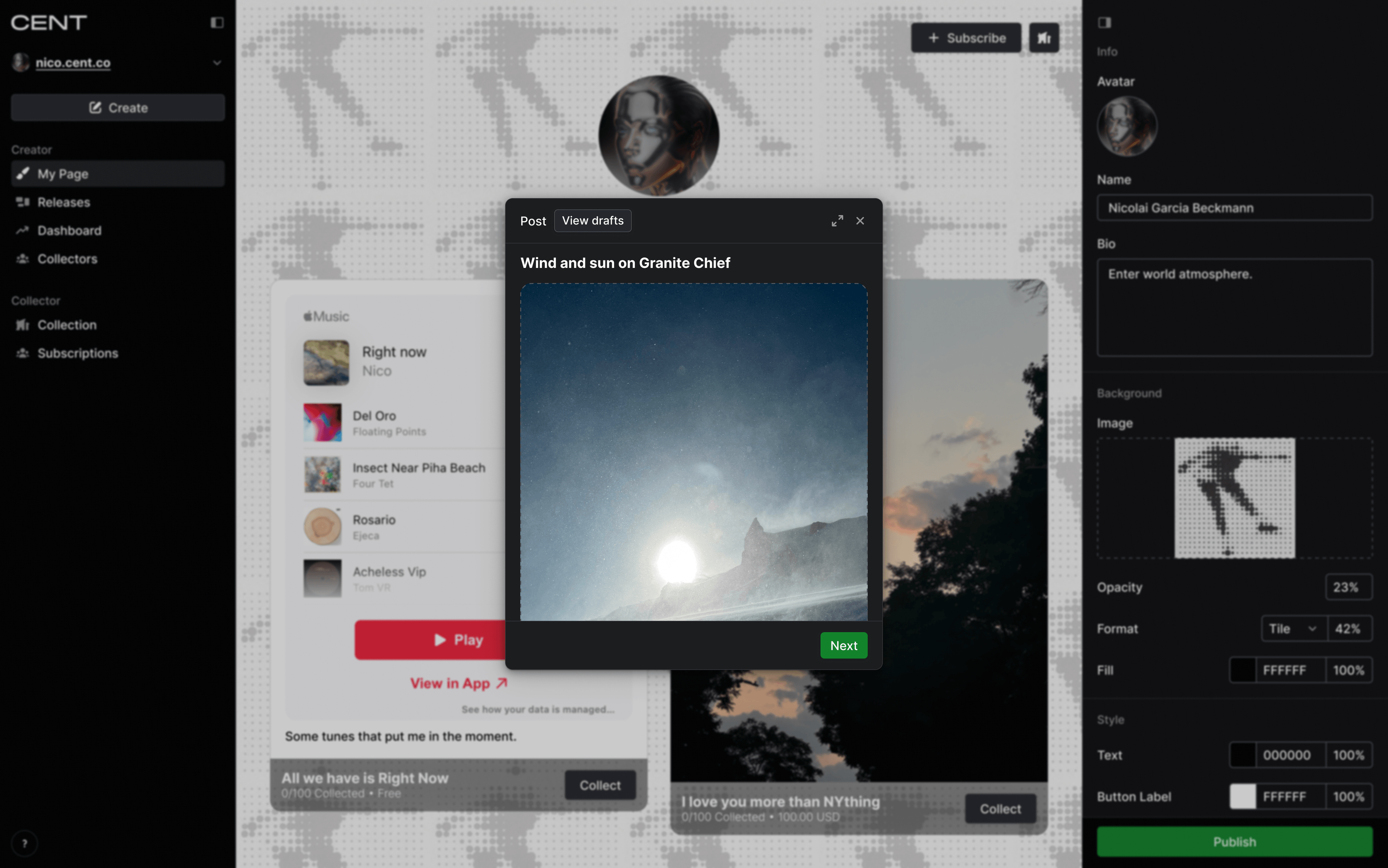CENT platform post creation interface for Nicolai Garcia Beckmann showing a visual post titled "Wind and sun on Granite Chief" with an uploaded image of a mountain landscape with sun breaking through clouds. The interface includes navigation sidebar, dotted pattern background, profile customization options on the right, and "Next" button to proceed with post creation.