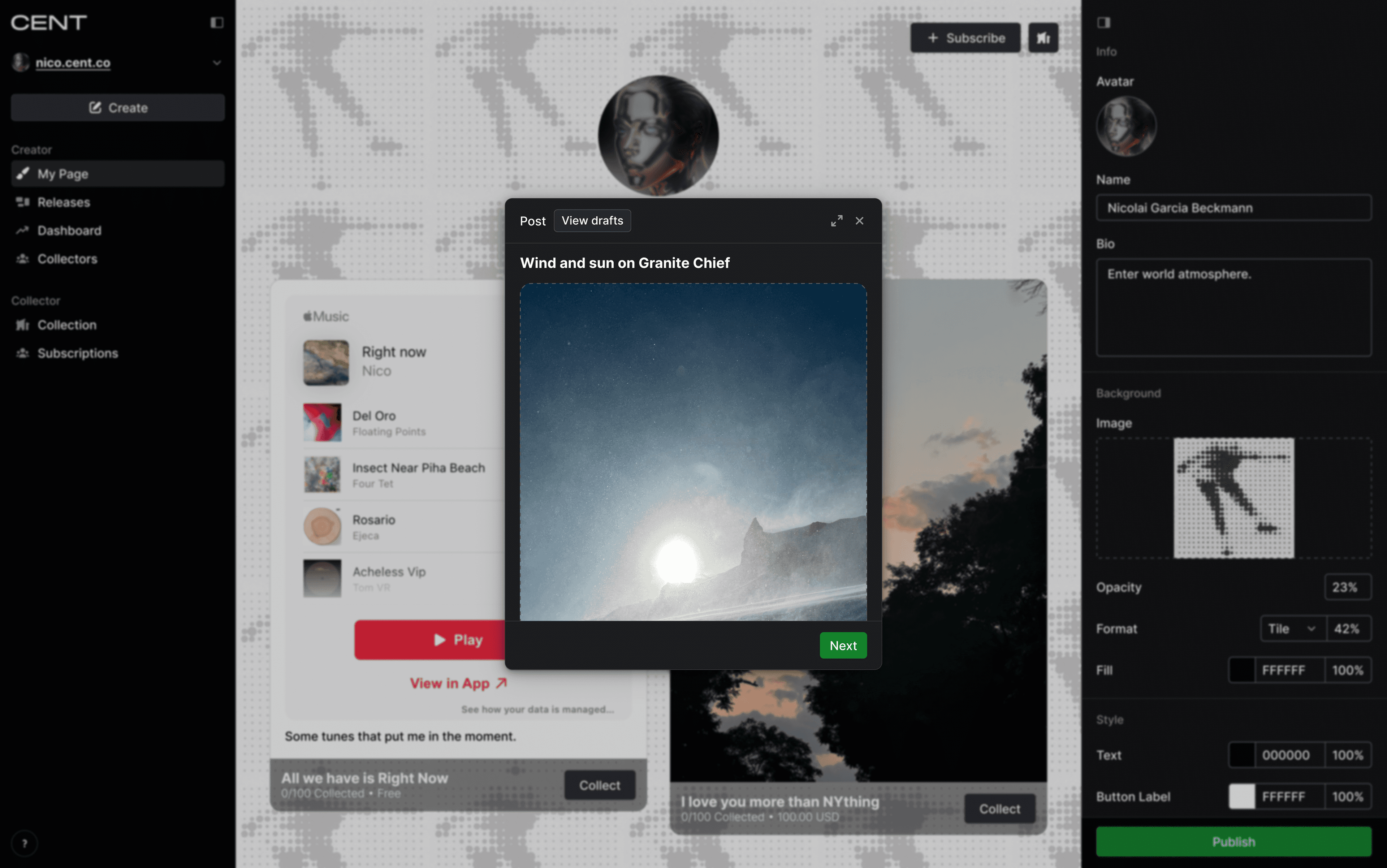 CENT platform post creation interface for Nicolai Garcia Beckmann showing a visual post titled "Wind and sun on Granite Chief" with an uploaded image of a mountain landscape with sun breaking through clouds. The interface includes navigation sidebar, dotted pattern background, profile customization options on the right, and "Next" button to proceed with post creation.