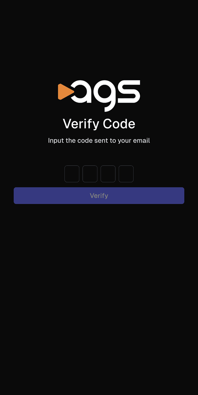 A verification code screen with the 'ags' logo (featuring an orange play button triangle next to white letters) on a black background. The page displays 'Verify Code' as a heading, followed by 'Input the code sent to your email' as instructions. Below are four empty input boxes for entering the verification code, and a purple button labeled 'Verify' at the bottom of the screen.