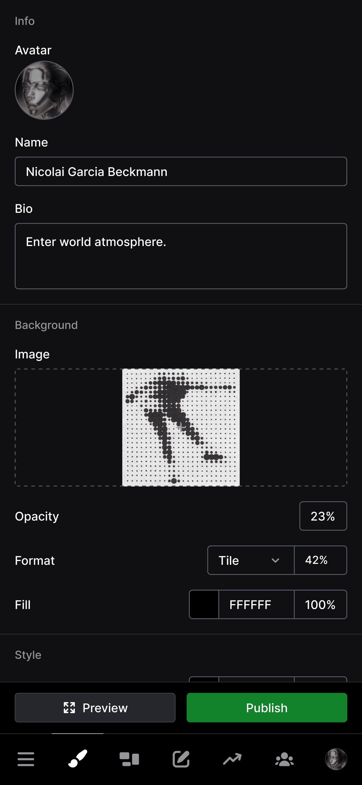 Profile editing interface for Nicolai Garcia Beckmann showing profile information fields (Avatar, Name, Bio "Enter world atmosphere"), background image selection with a dotted pattern featuring a stylized figure, and customization options for Opacity (100%), Format (Tile 42%), and Fill (FFFFFF 100%). Preview and Publish buttons appear at the bottom.