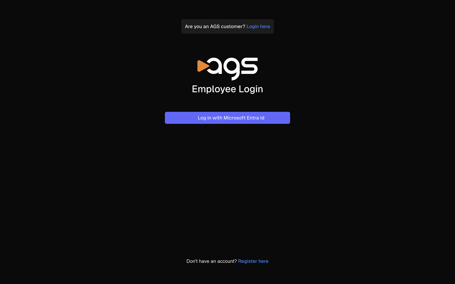 AGS Employee Login page with a purple button for logging in using Microsoft Entra ID, displayed on a black background with registration option.