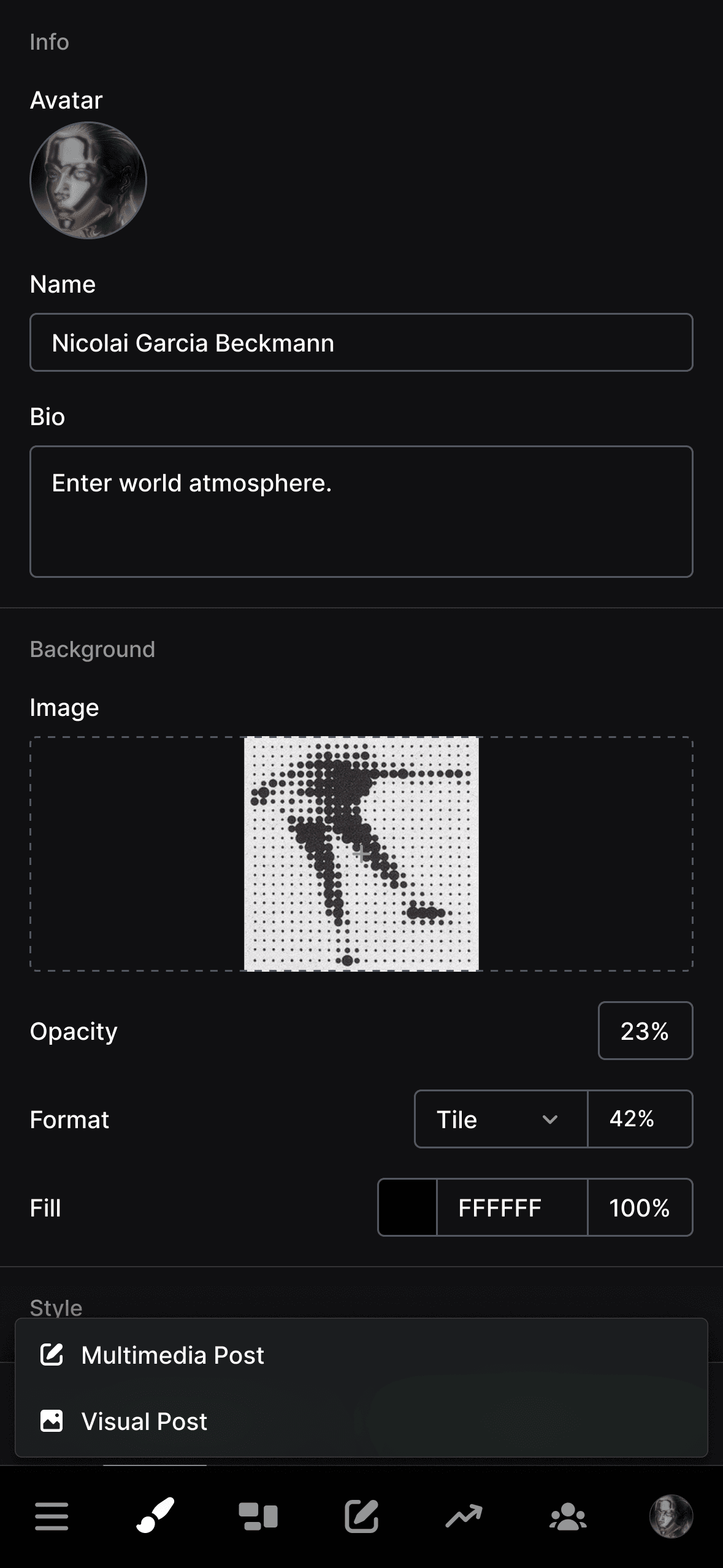 Profile editing interface for Nicolai Garcia Beckmann displaying personal information fields (Avatar, Name, Bio "Enter world atmosphere"), background image settings with a dotted pattern showing a stylized figure, customization options (Opacity 100%, Format Tile 42%, Fill FFFFFF 100%), and post creation options (Multimedia Post, Visual Post) at the bottom of the screen.
