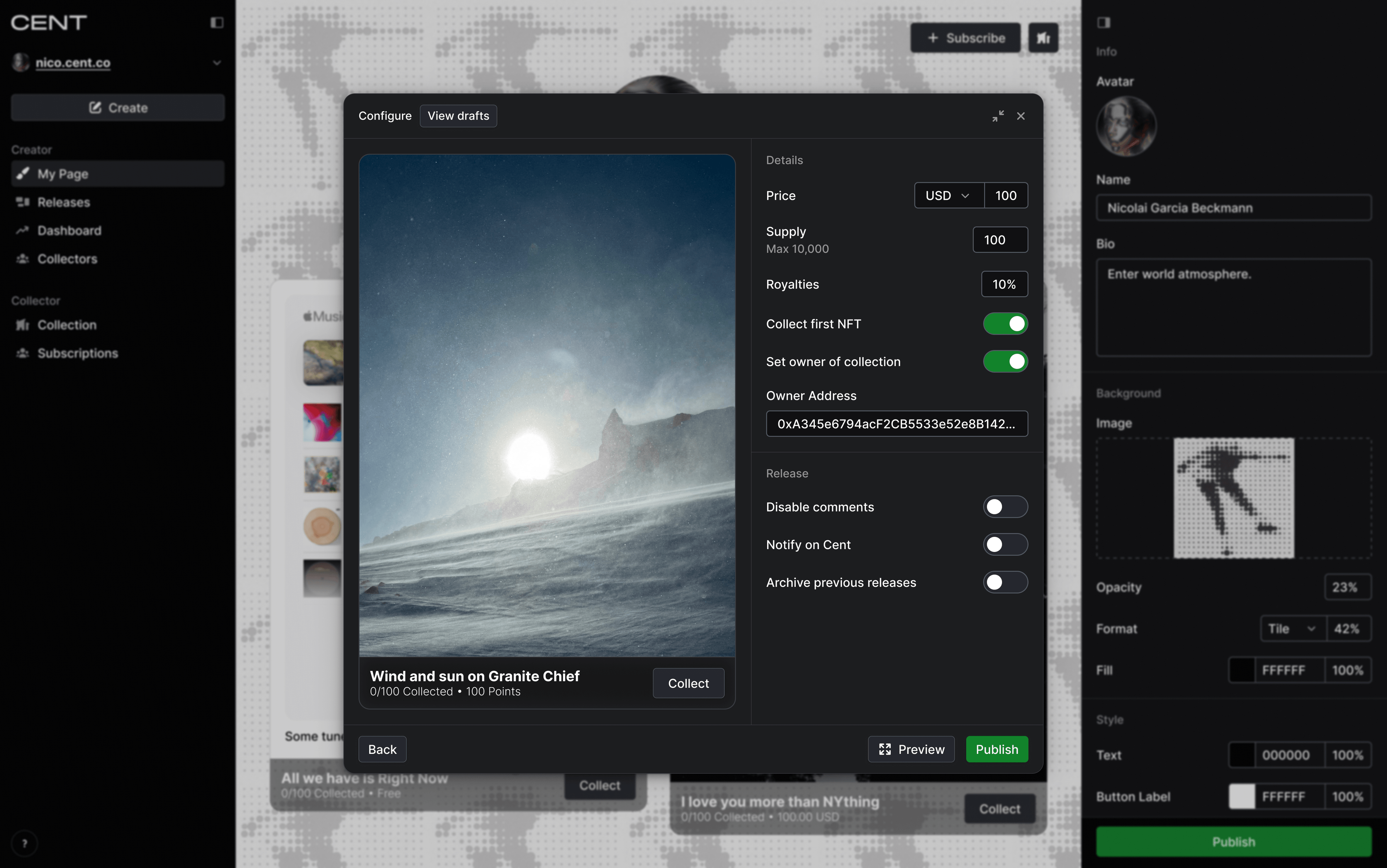 Post configuration interface for "Wind and sun on Granite Chief" on CENT platform showing a mountain landscape photo with NFT settings. Details include pricing (100 USD), supply limit (100/10,000 max), royalties (10%), blockchain settings with wallet address, and publishing options. The post shows 0/100 collected with 100 Points value and includes Back, Preview, and Publish buttons at the bottom.