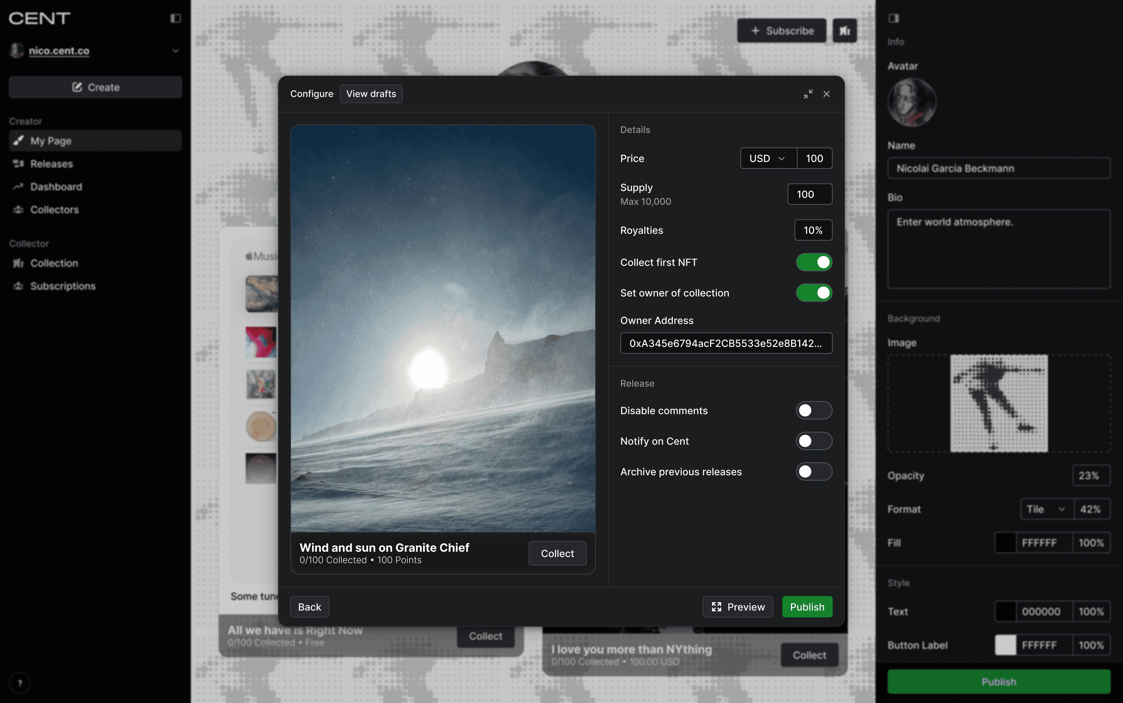 Post configuration interface for "Wind and sun on Granite Chief" on CENT platform showing a mountain landscape photo with NFT settings. Details include pricing (100 USD), supply limit (100/10,000 max), royalties (10%), blockchain settings with wallet address, and publishing options. The post shows 0/100 collected with 100 Points value and includes Back, Preview, and Publish buttons at the bottom.