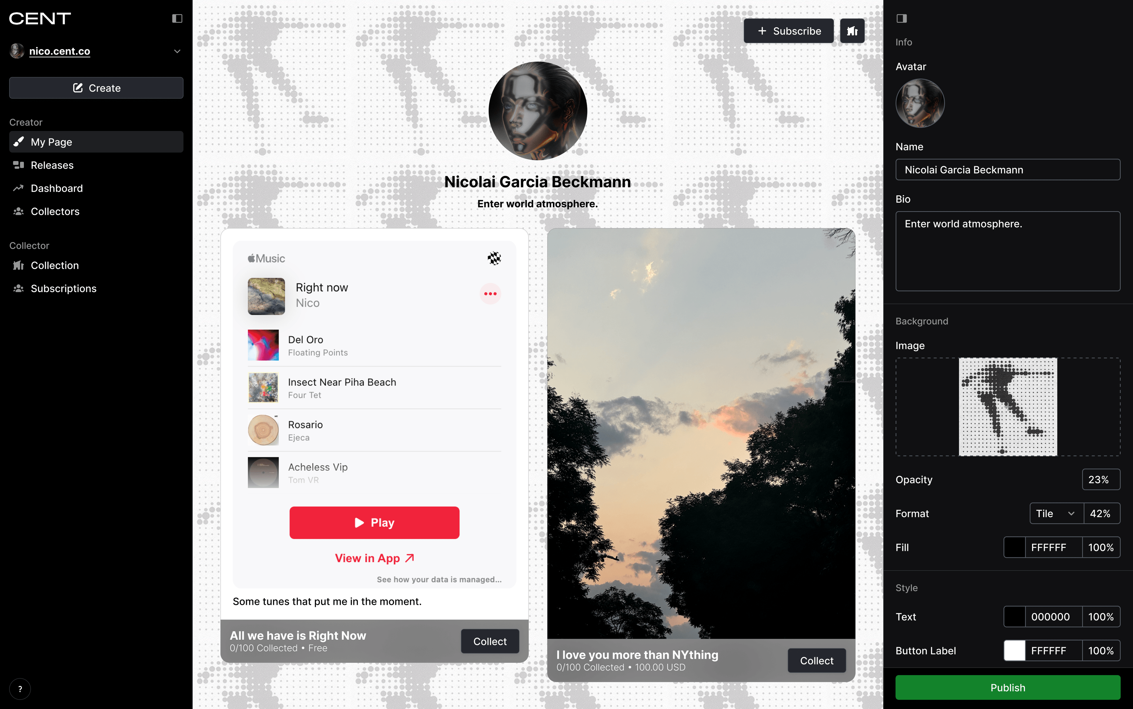 An artist profile page on CENT platform for Nicolai Garcia Beckmann showing navigation sidebar, music playlist with tracks from various artists, profile customization options, and a sunset background image with the text "I love you more than NYthing" and pricing information.